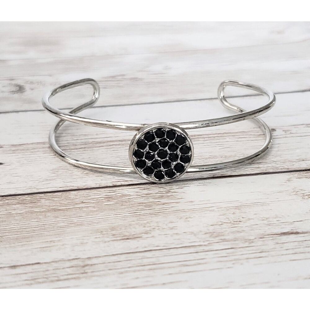 Vintage Bracelet / Bangle - Silver Tone with Circle Design & Inlayed Black Gems